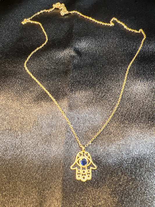 Gold Hamsa With Blue Stone Necklace