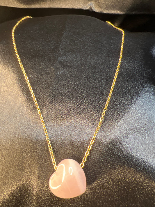 Gold Rose Quart Puffy Heart Necklace